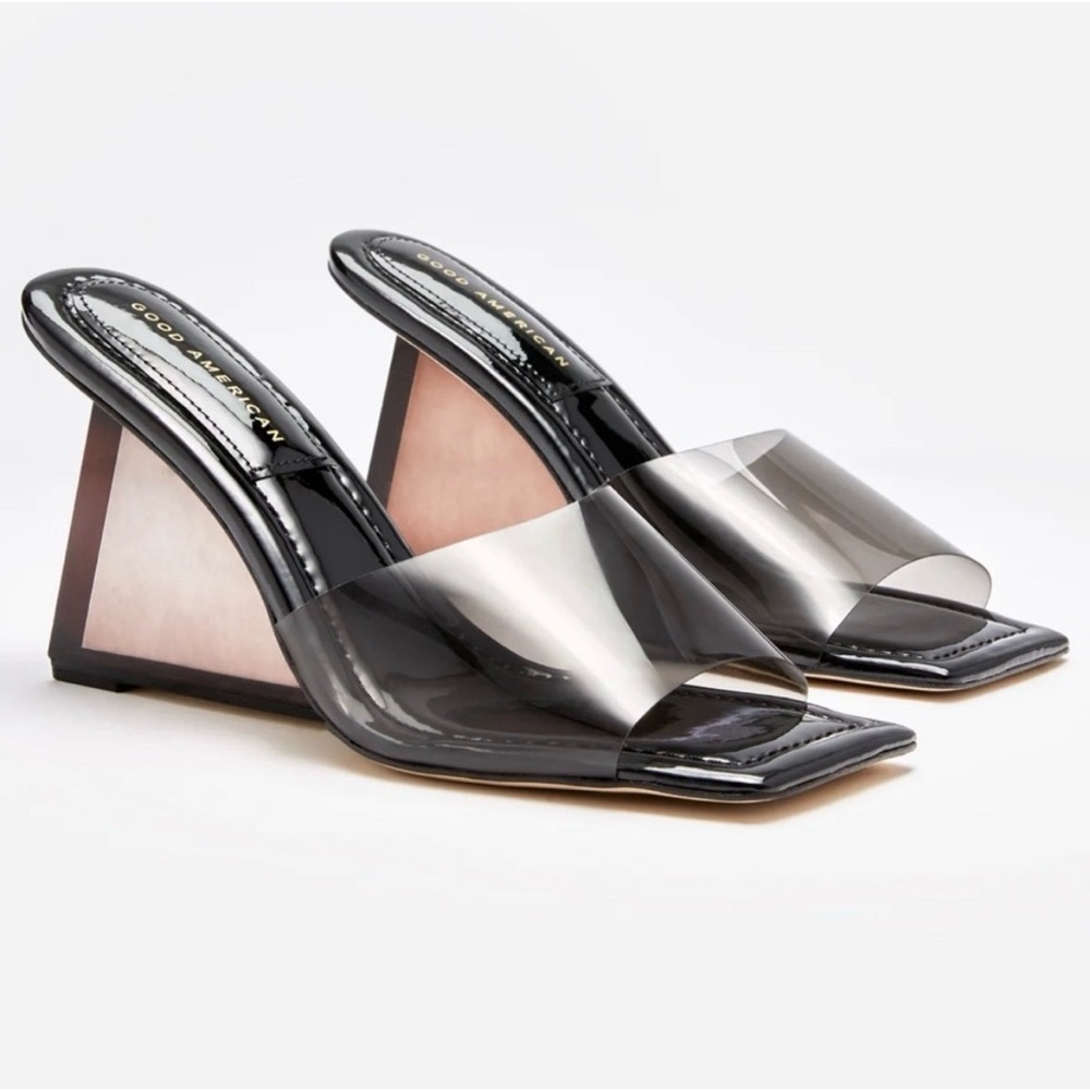 Good American Black Lucite Cinderella Square Toe Sandal Clear Wedge Size 6.5